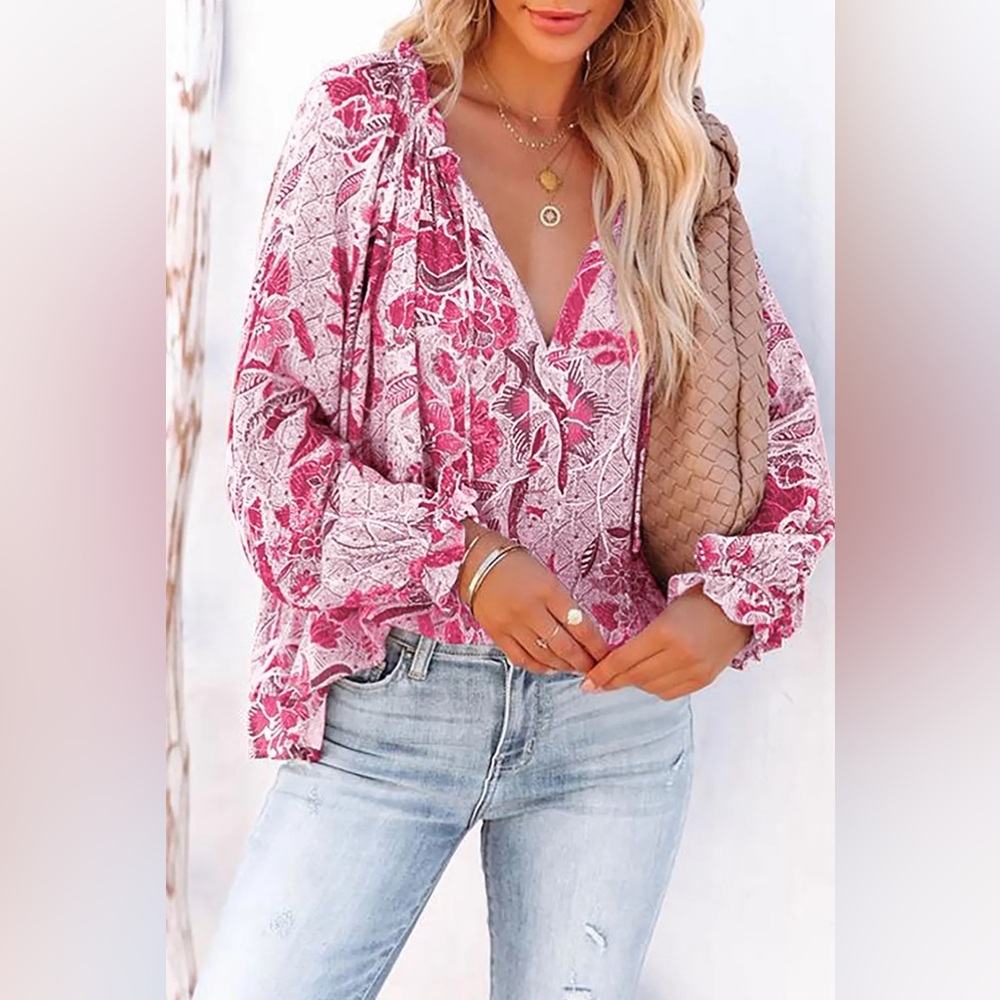 Boho Floral Print Tie Neck Flounce Sleeve Blouse
